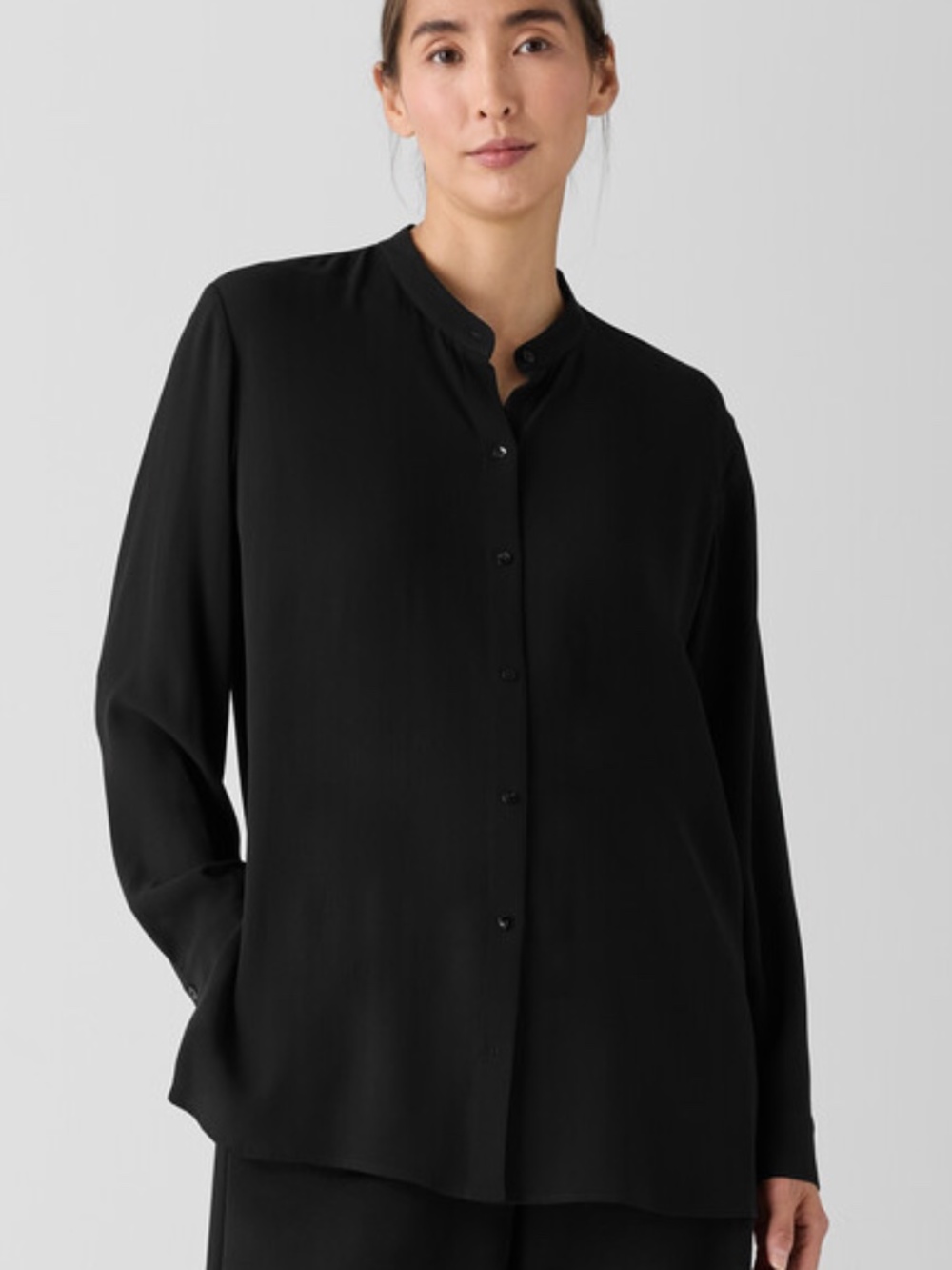 Eileen Fisher Silk Georgette Crepe Band Collar Shirt, Size L, NWOT